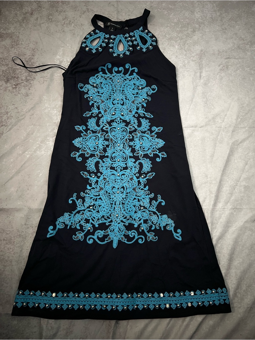 INC International Concepts Black Mini Dress with Turquoise Embroidery